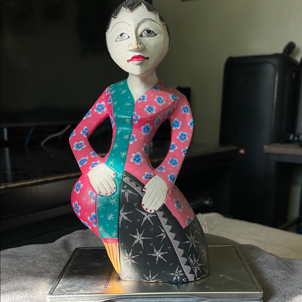 Hand-Painted Folk Art Female Figurine in Pink, Teal & Black